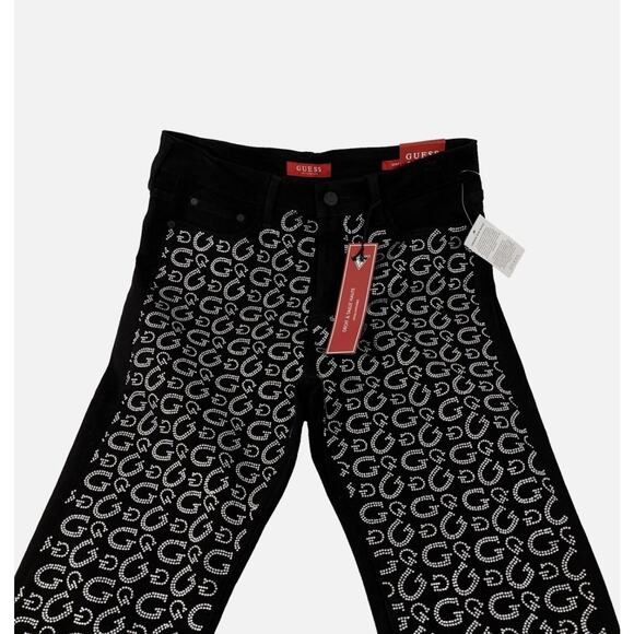 GUESS Women’s Black Rhinestone “G” High Rise Straight Fit Sexy Jeans 28x28 NEW - Picture 6 of 7